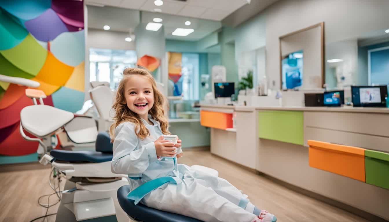 A happy child in a dentist's chair surrounded by colorful decor.
