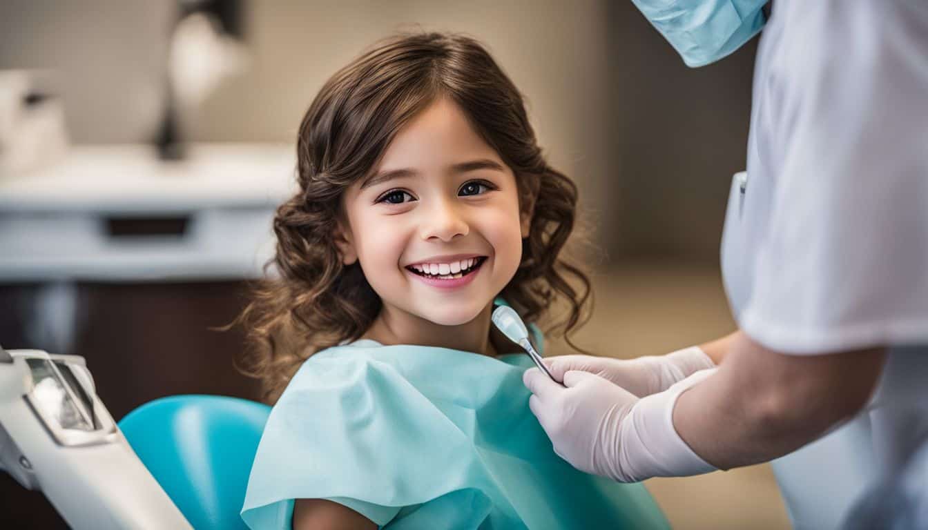 A child happily receiving a dental check-up at a pediatric dentistry office.
