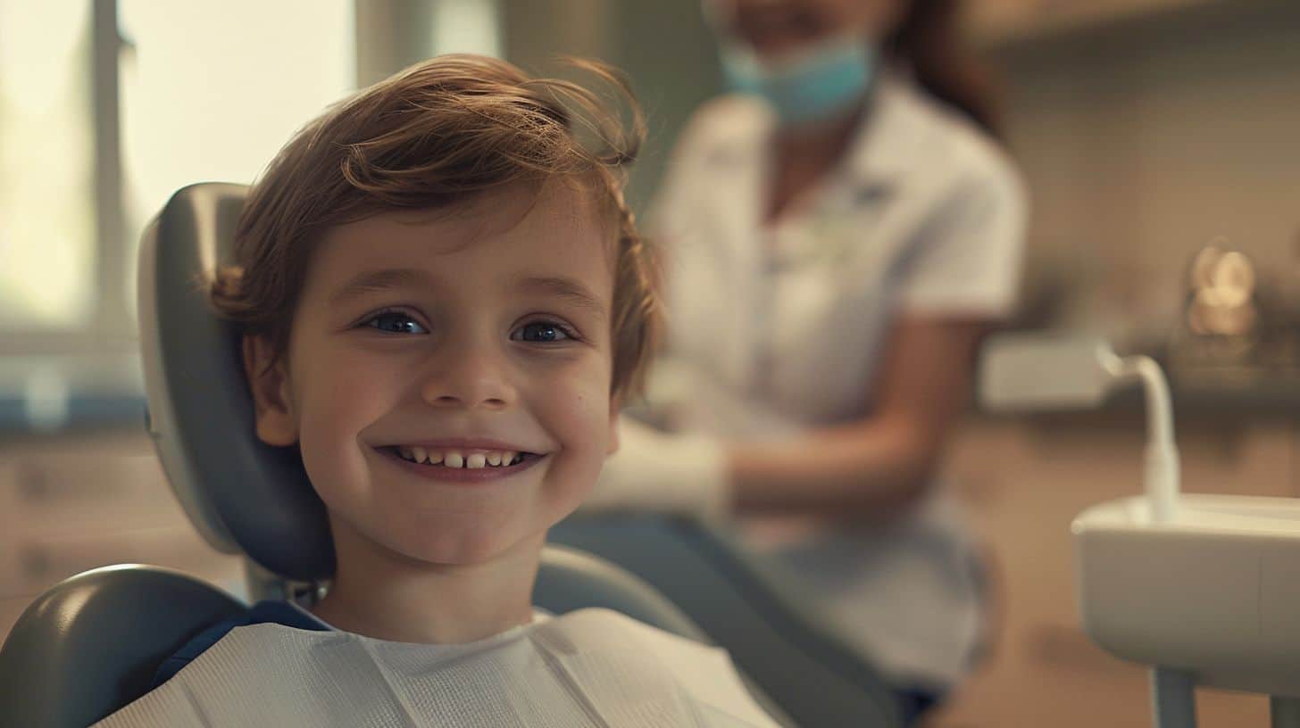 A young child at the dentist with a smiling pediatric dentist.