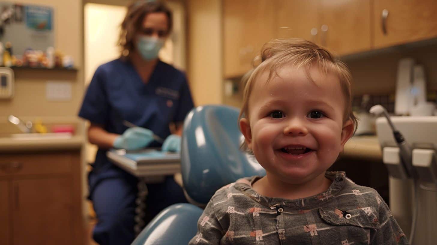 A young child at the dentist with a smiling pediatric dentist.