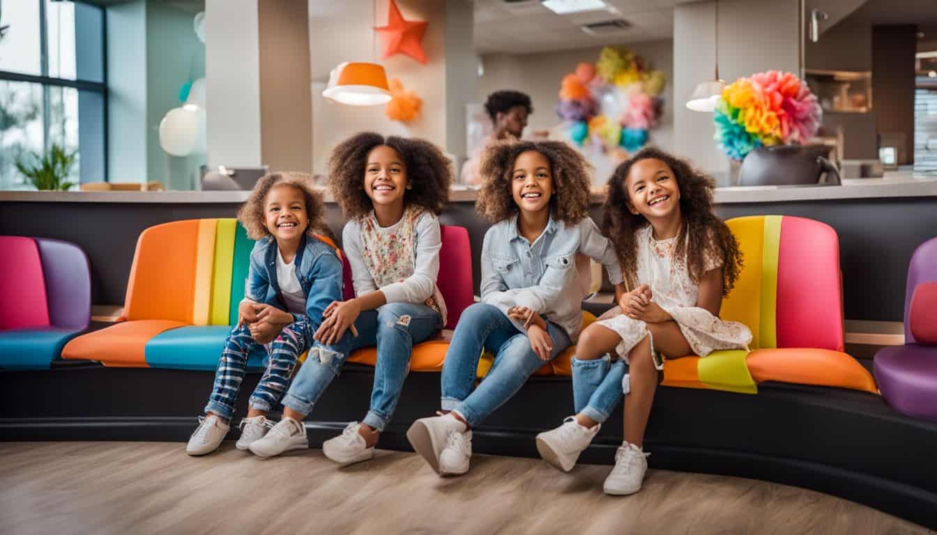 A group of diverse children happily waiting in a colorful dentist's office.
