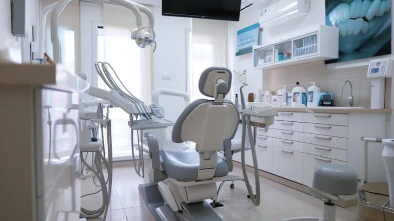 A modern dental clinic in Great Neck, NY with a friendly dentist speaking to a patient during a routine dental consultation, bright and welcoming atmosphere, clean dental equipment, professional general dentistry setting, focus on preventive and family dental care, realistic style