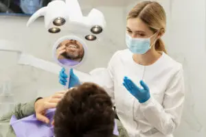 Dentist examining patient during dental consultation and discussing treatment options in a modern dental clinic.