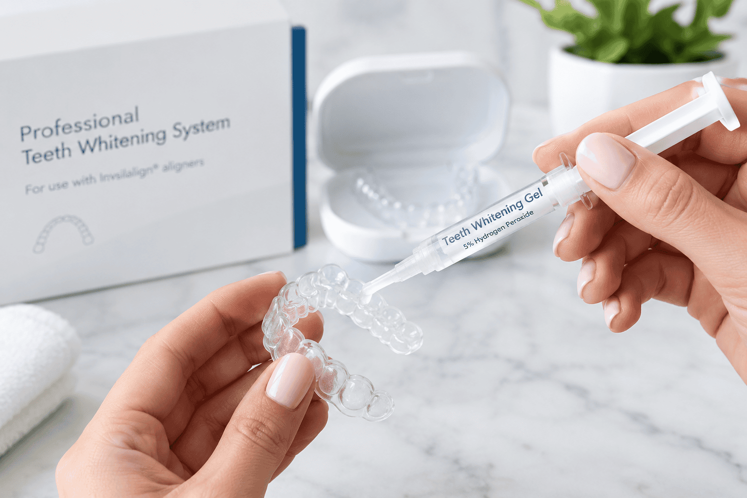 Teeth whitening serum being applied to a clear dental aligner for a professional smile-brightening treatment.