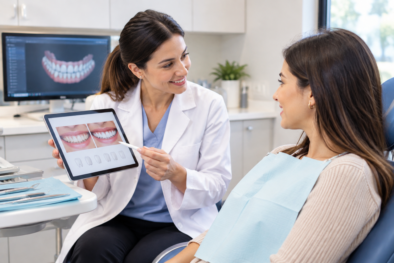 Cosmetic dentist discussing smile treatment options with a patient during a dental consultation.