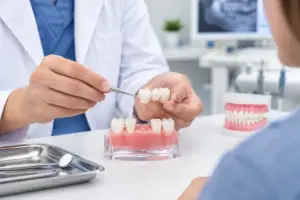 Dental crown bridge treatment shown on a dental model during a restorative dentistry procedure.