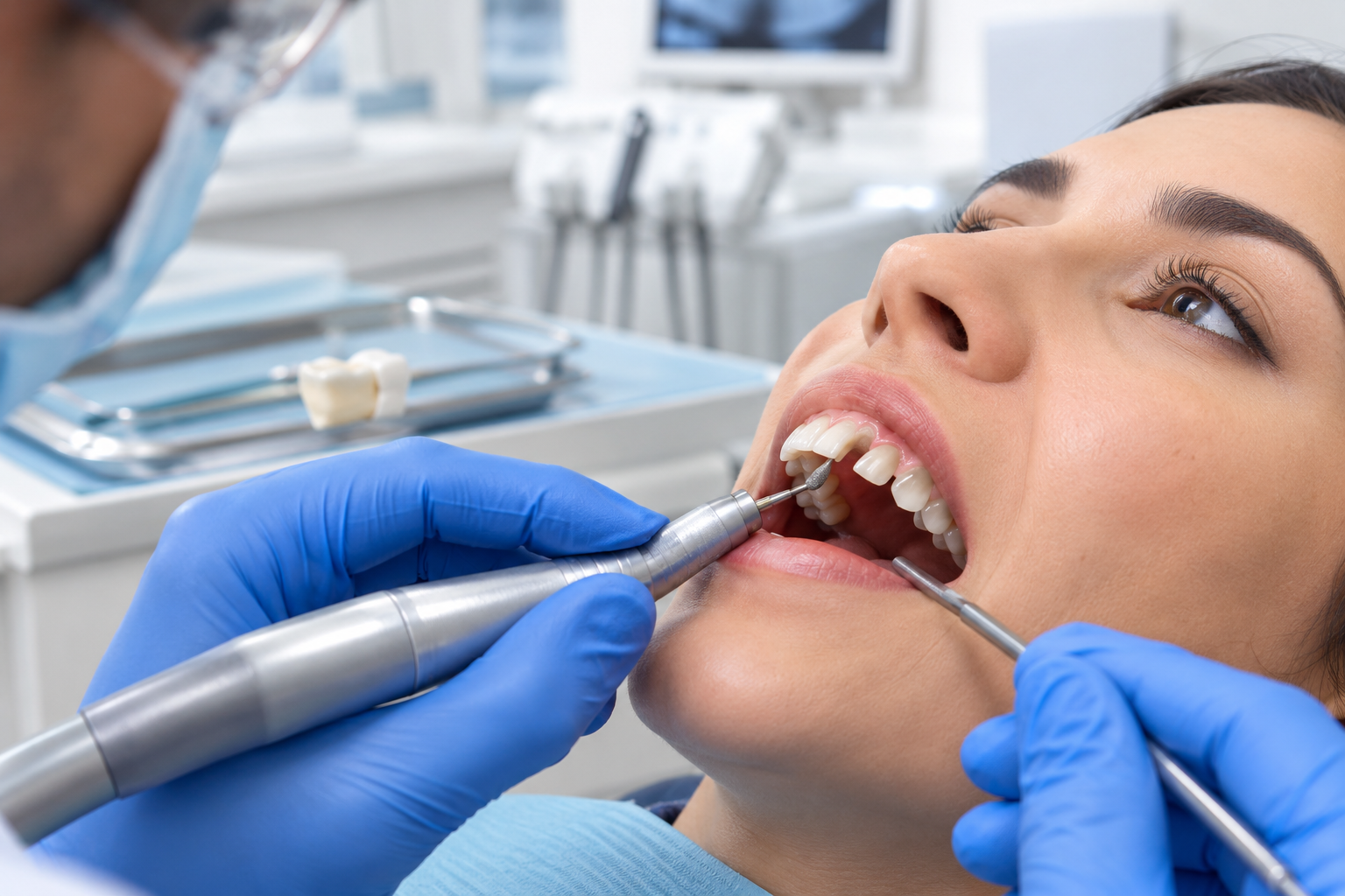 Dentist preparing a tooth for dental crown treatment during a restorative dental procedure.