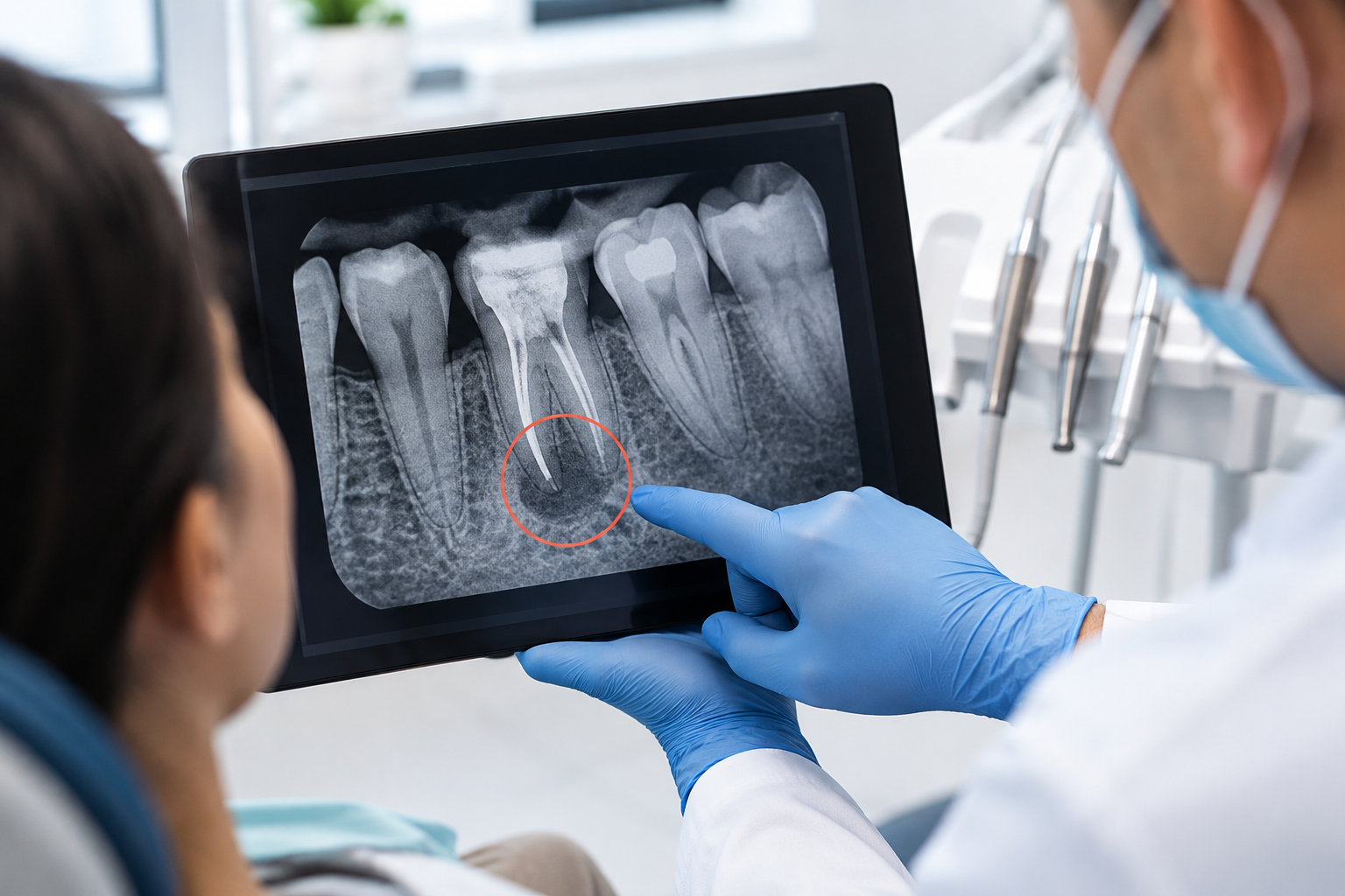 Dentist reviewing a dental X-ray showing an infected tooth, supporting root canal treatment and dental diagnosis.