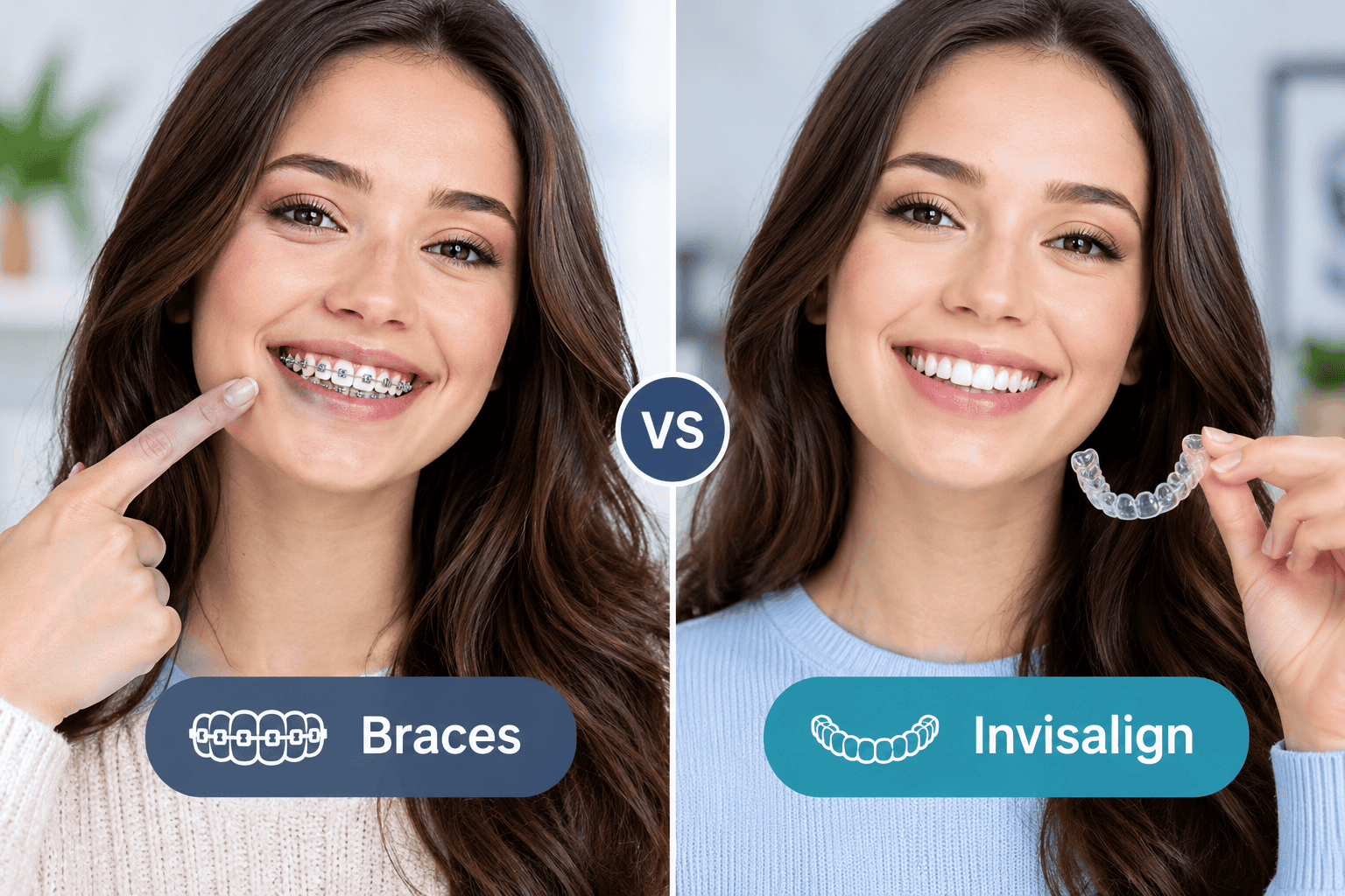 Braces vs Invisalign comparison showing a woman with traditional braces and clear aligners for discreet teeth straightening.