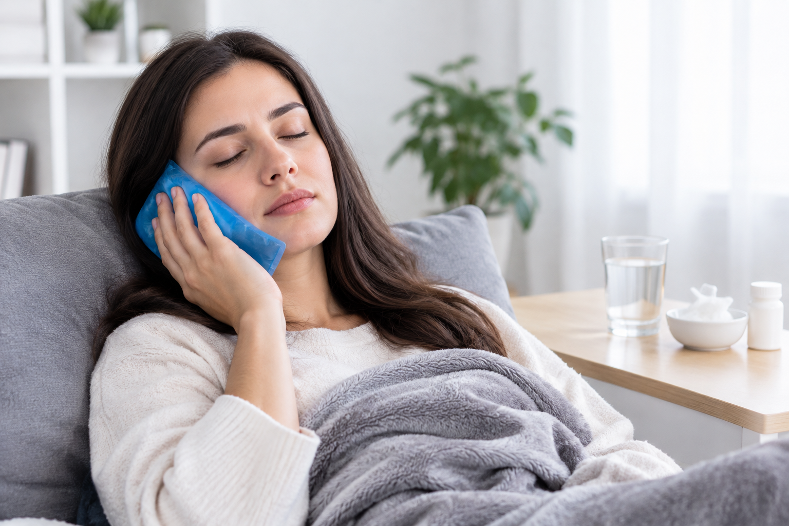 Patient recovering after tooth extraction with a cold pack on the cheek at home to reduce discomfort and swelling safe!